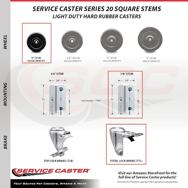 3 Inch Hard Rubber Swivel 7/8 Inch Square Stem Caster with Total Lock Brake SCC